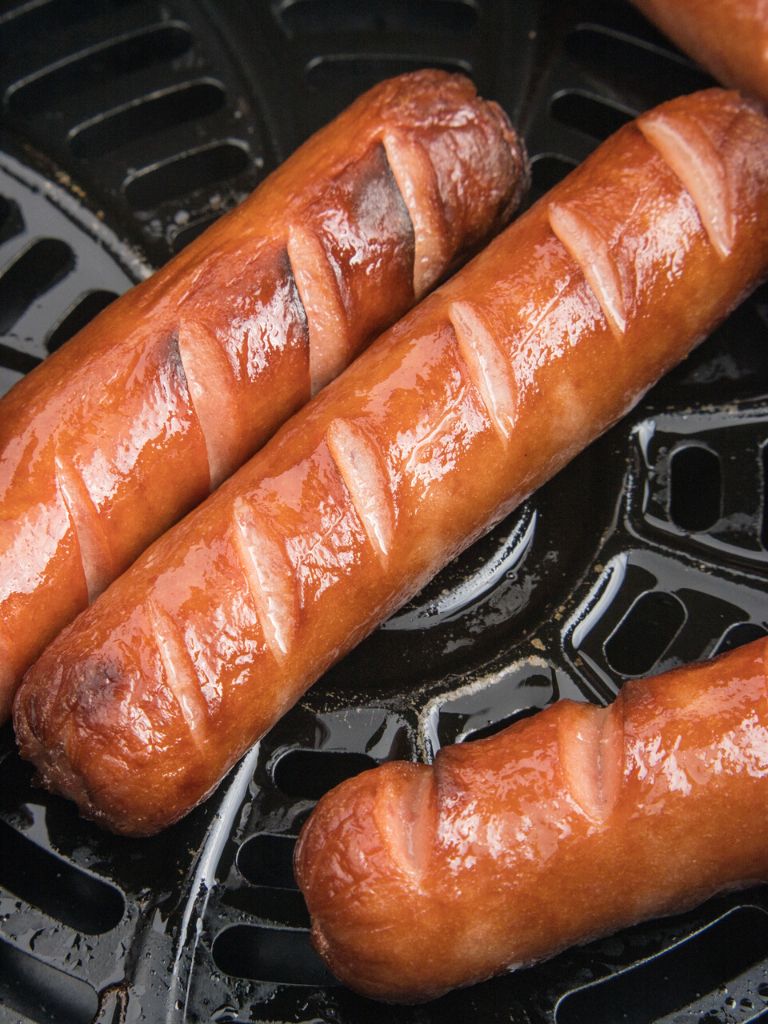 Perfectly air fried hot dogs